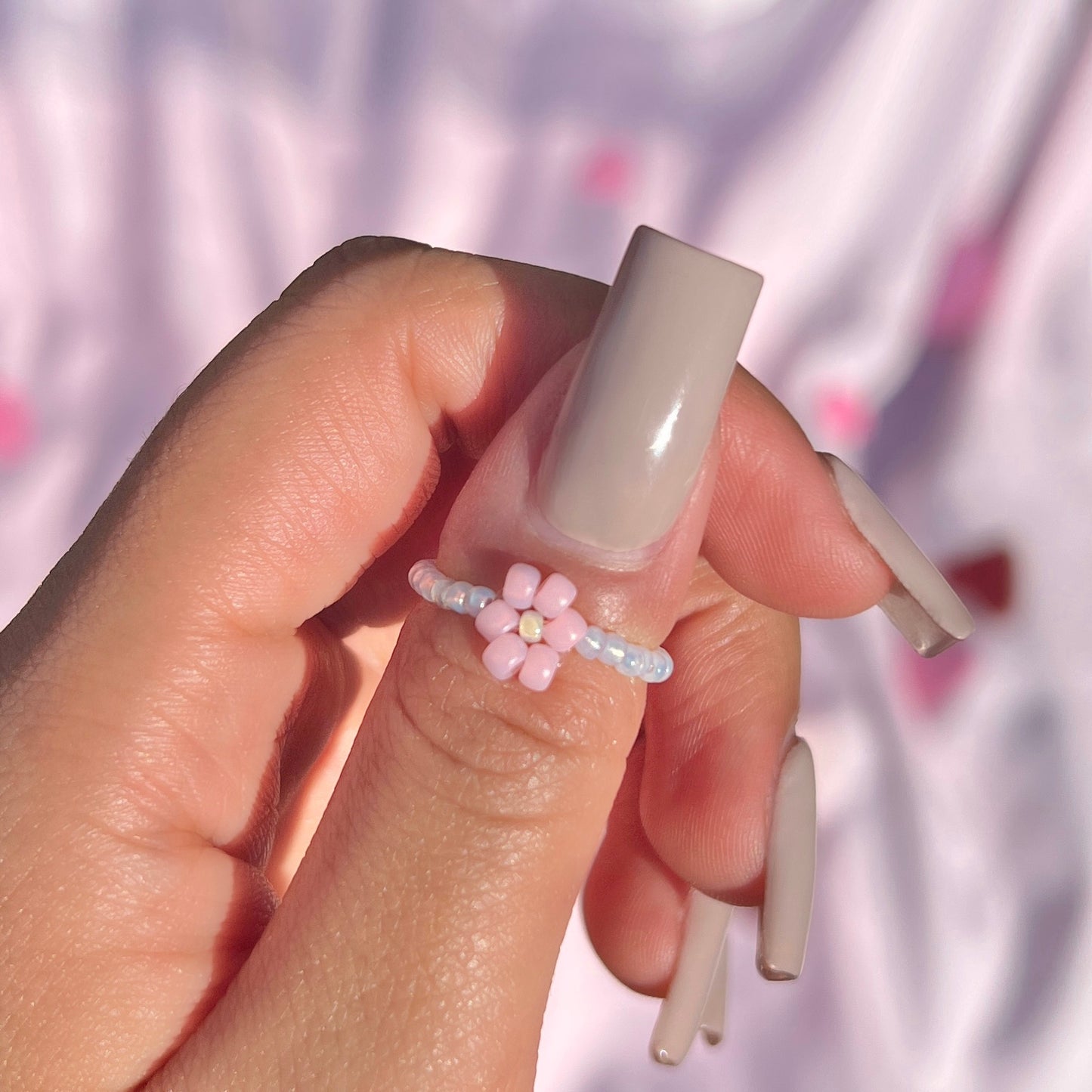 Pink Daisy Pearl Beaded Ring