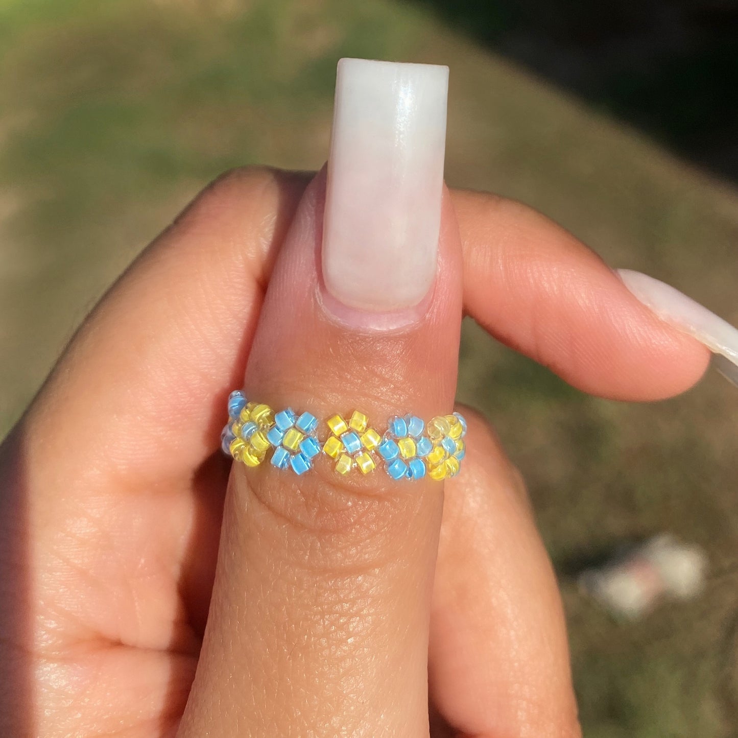 Blue & Yellow Beaded Daisy Ring