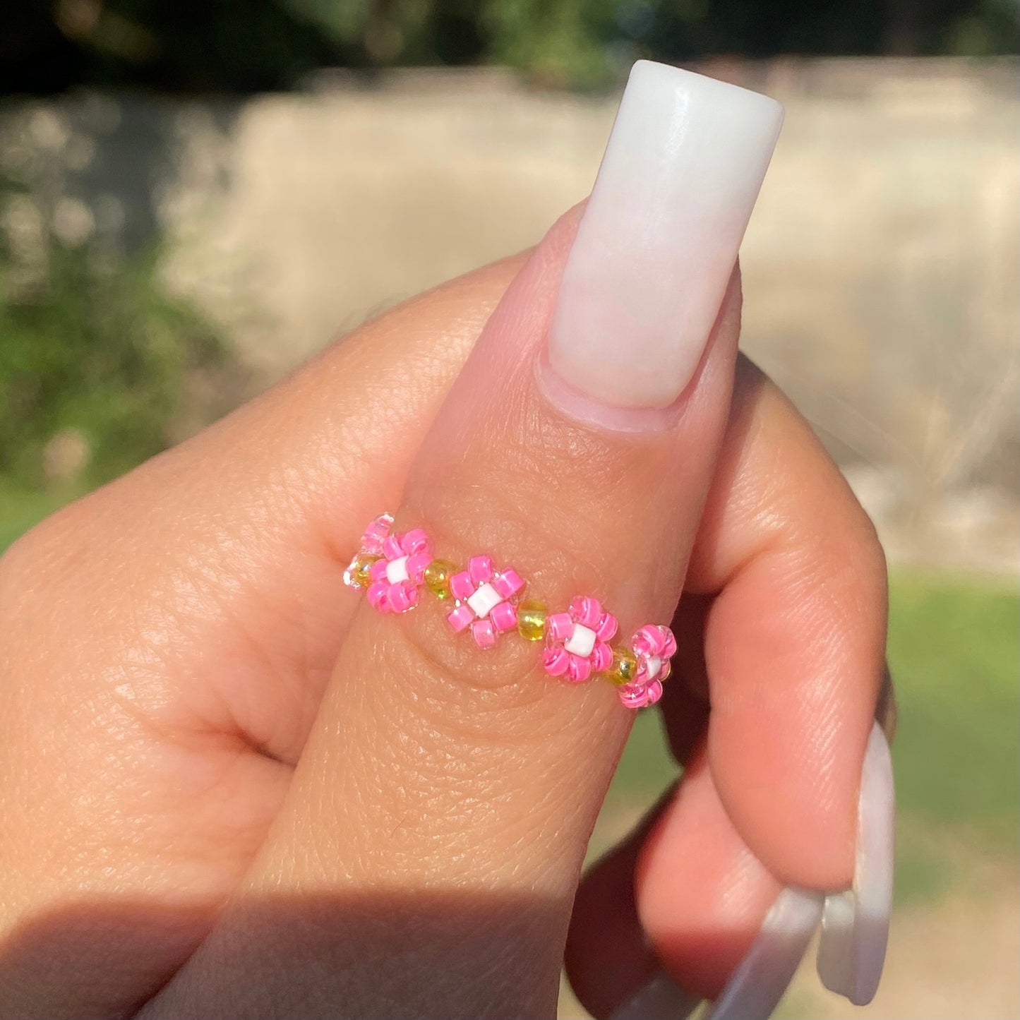Pink Daisy Beaded Ring